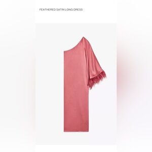 Zara Pink Satin One Shoulder Caftan Dress with Feather Trim